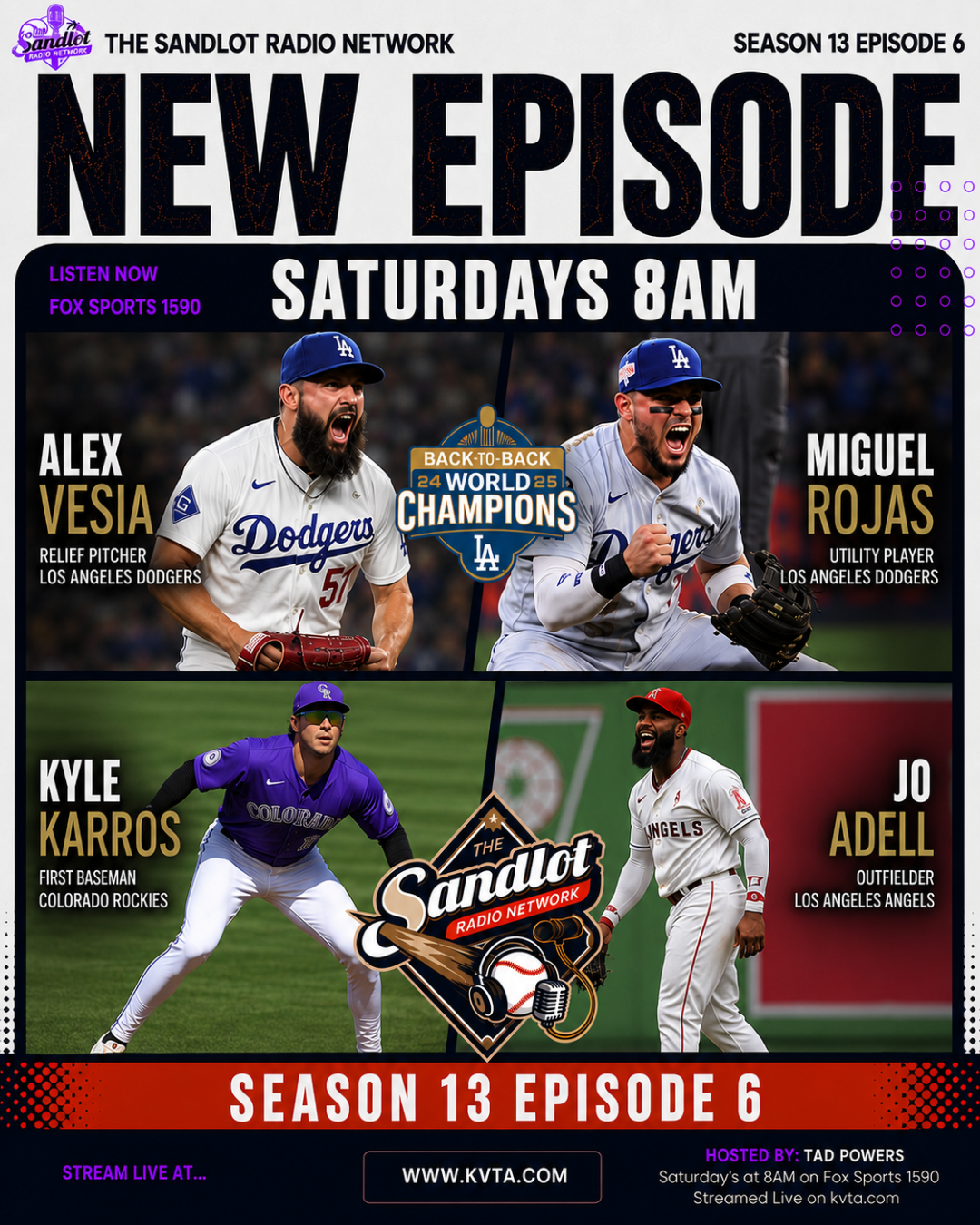 This week on the Sandlot Radio Network — Season 13 Episode 6 featuring Alex Vesia, Miguel Rojas, Kyle Karros and Jo Adell.
