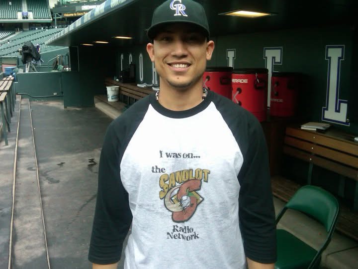 Carlos Gonzalez (CarGo) in Sandlot Radio Network gear at Coors Field